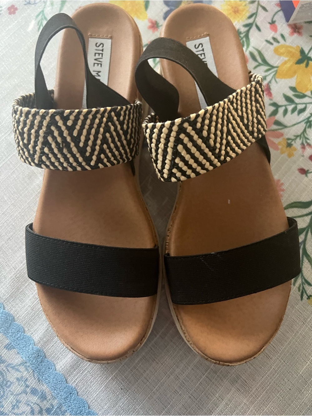 Steve Madden Black and Natural Woven Strap Sandals
